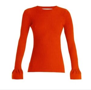 Diane Von Furstenberg Orange Sweater Flutted Cuff Round Neck Ribbed